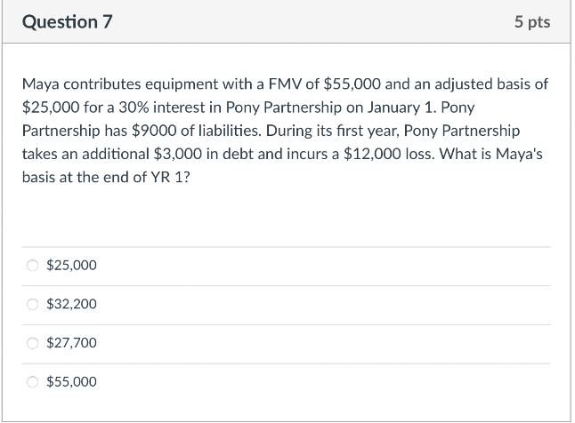 Question 7 5 pts Maya contributes equipment with a FMV of $55,000