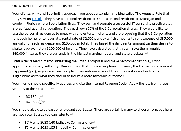 QUESTION 1: Research Memo - 65 points Your clients, Amy and Bob
