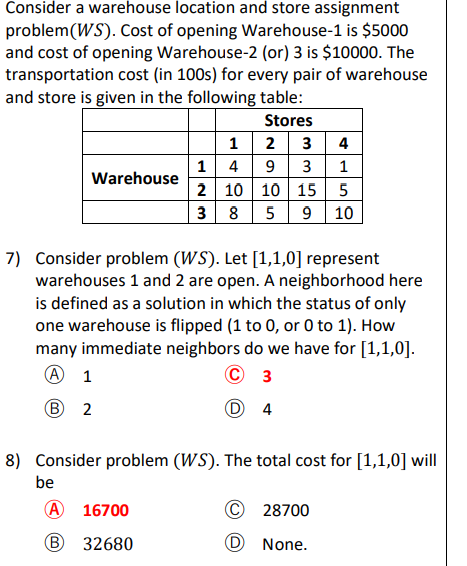 Consider a warehouse location and store assignment problem (WS). Cost of opening