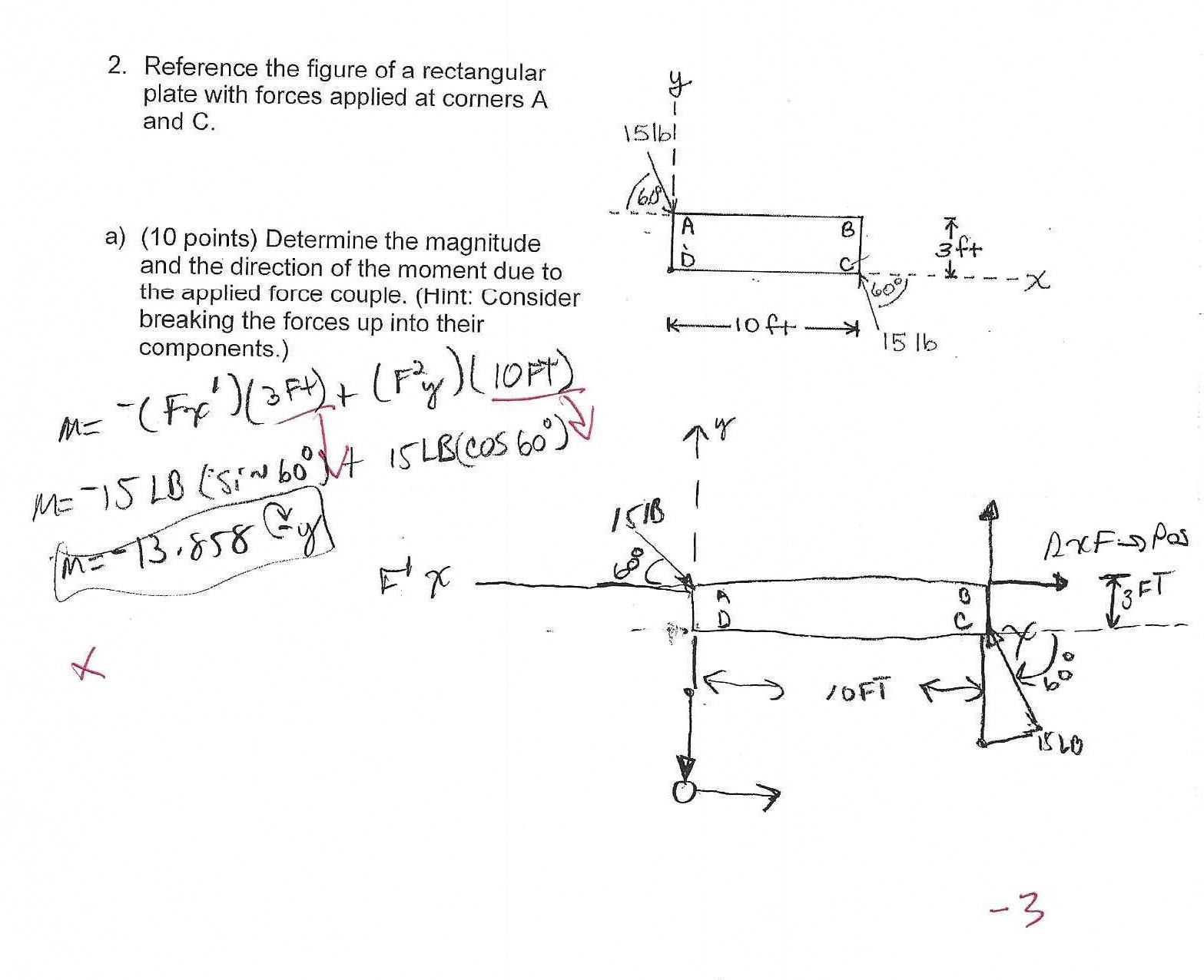 2. Reference the figure of a rectangular plate with forces applied at