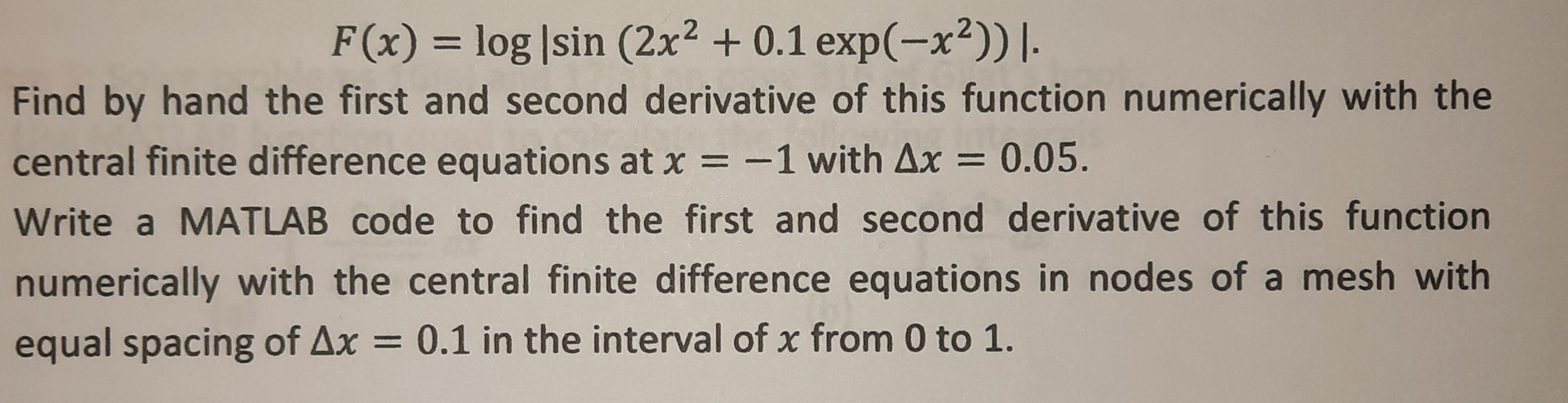 F(x) = log |sin (2x + 0.1 exp(-x)) |. Find by hand
