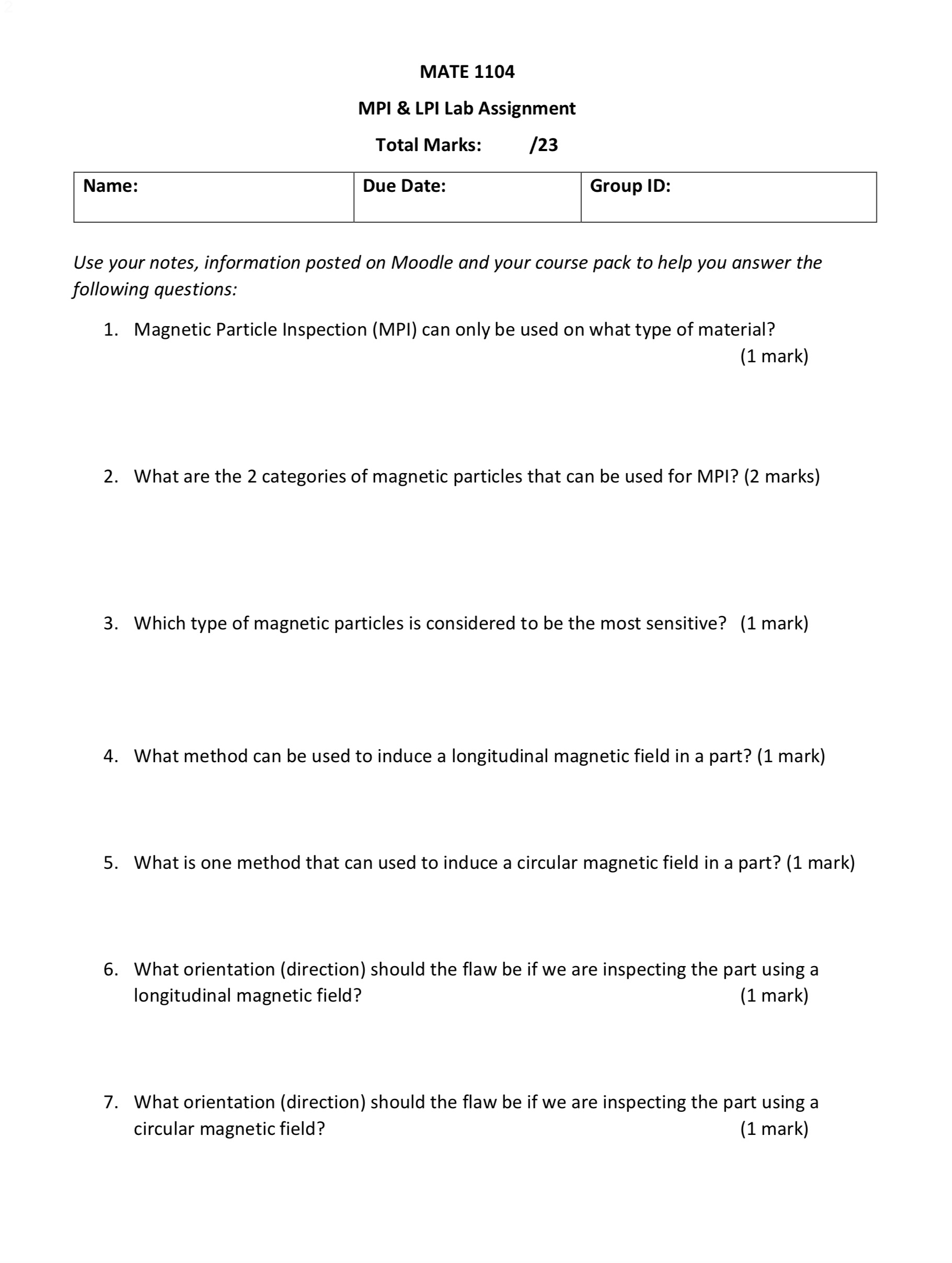 Name: MATE 1104 MPI & LPI Lab Assignment Total Marks: /23 Due
