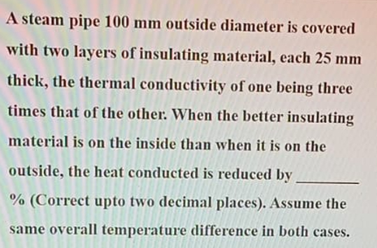 A steam pipe 100 mm outside diameter is covered with two layers