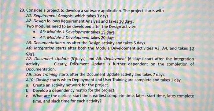 23. Consider a project to develop a software application. The project starts