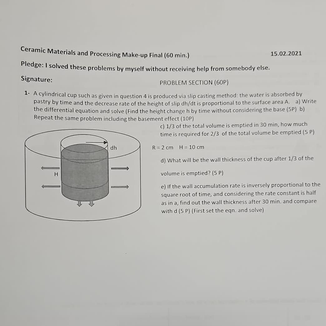 Ceramic Materials and Processing Make-up Final (60 min.) Pledge: I solved these