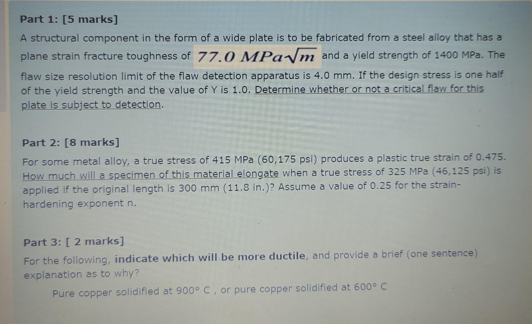 Part 1: [5 marks] A structural component in the form of a