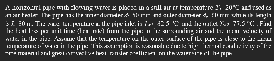 A horizontal pipe with flowing water is placed in a still air