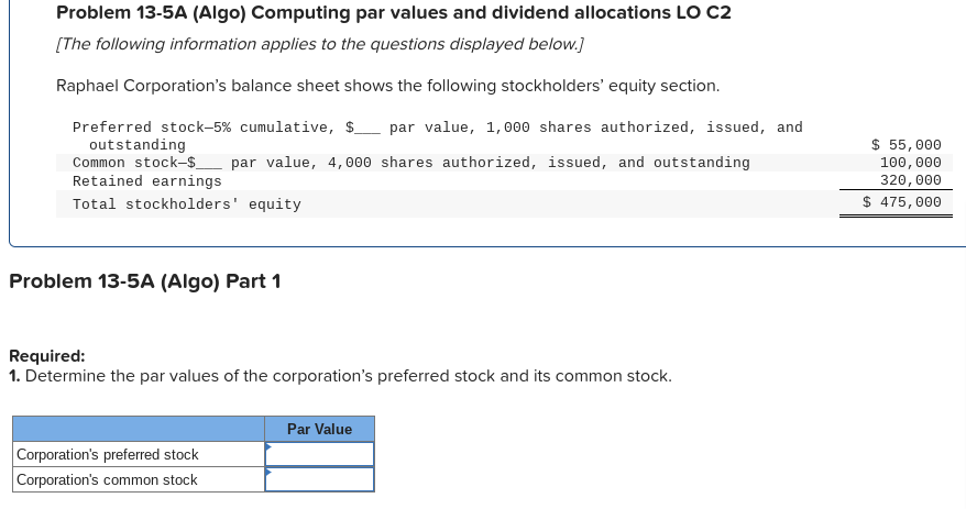 Problem 13-5A (Algo) Computing par values and dividend allocations LO C2 [The