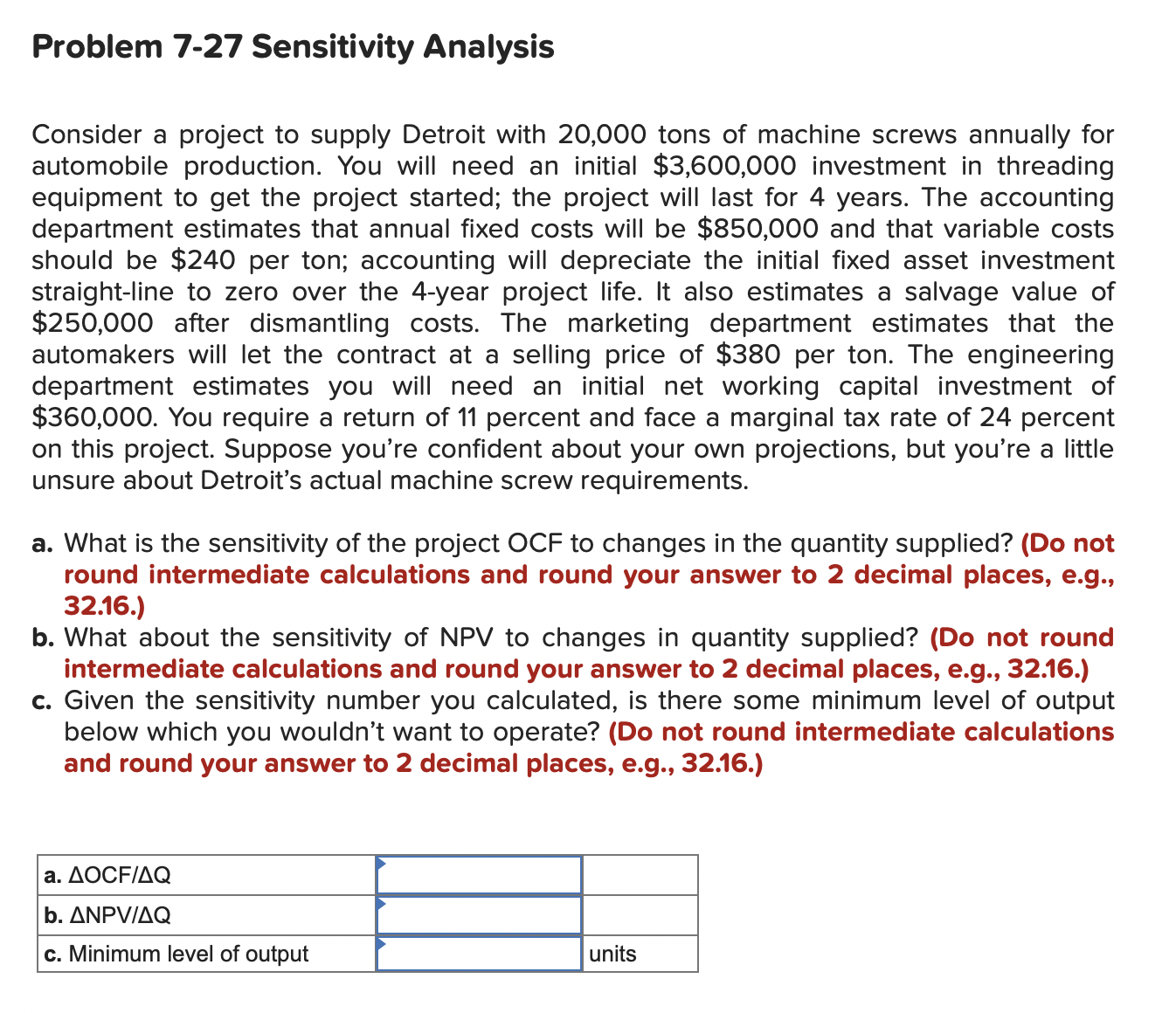 Problem 7-27 Sensitivity Analysis Consider a project to supply Detroit with 20,000