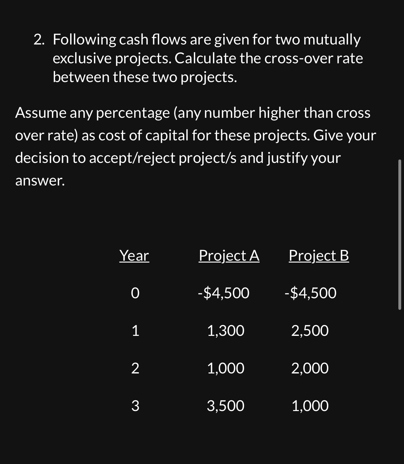 2. Following cash flows are given for two mutually exclusive projects. Calculate