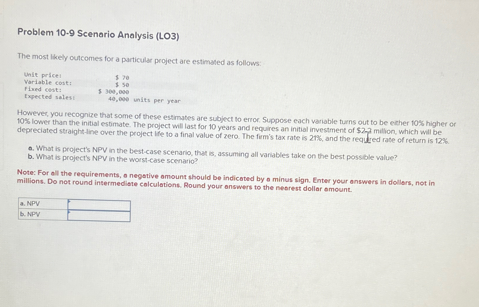 Problem 10-9 Scenario Analysis (LO3) The most likely outcomes for a particular