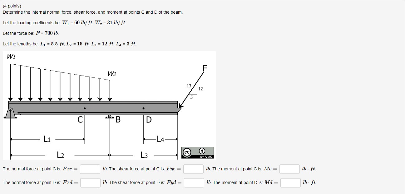 (4 points) Determine the internal normal force, shear force, and moment at