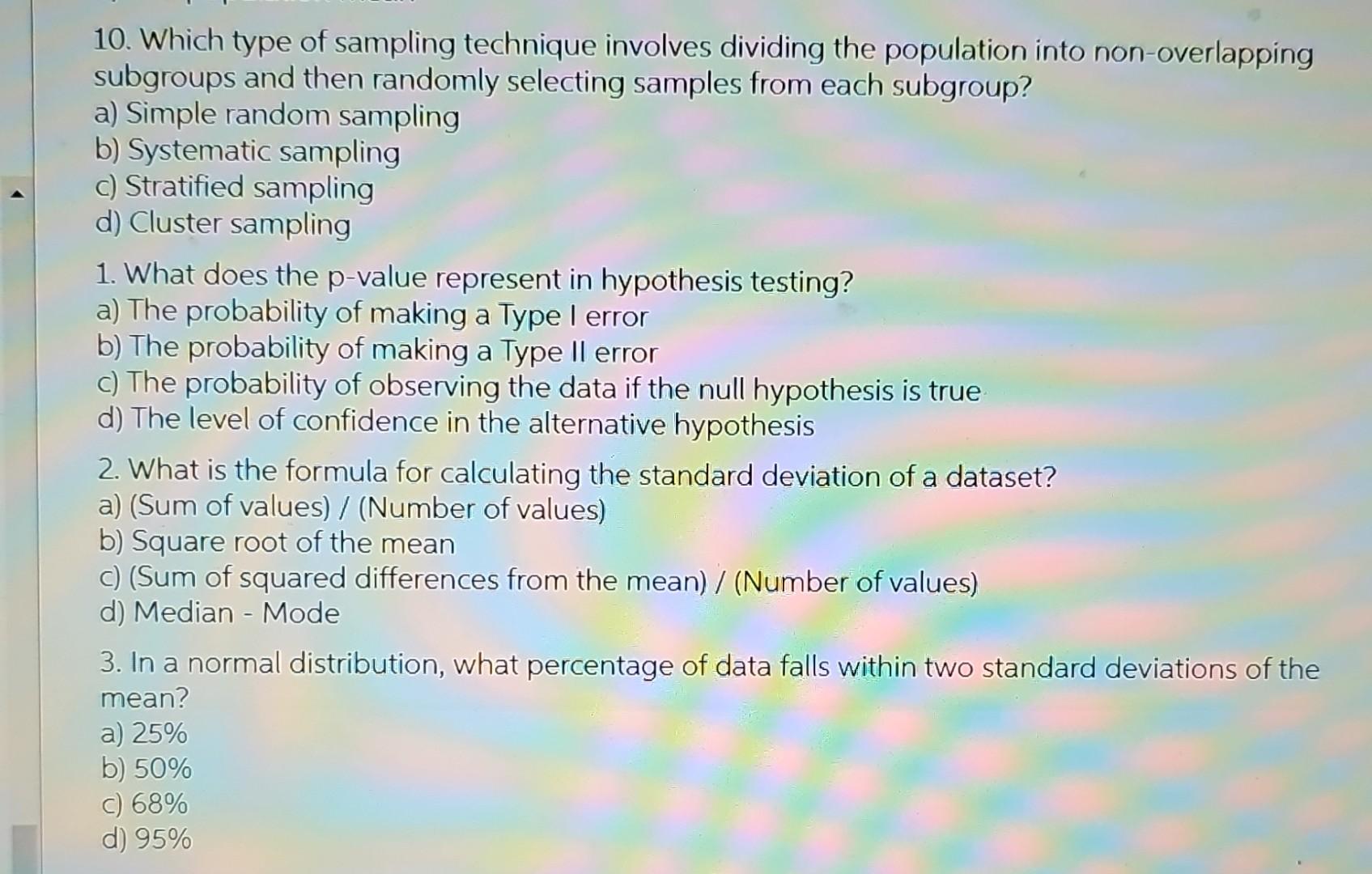 10. Which type of sampling technique involves dividing the population into non-overlapping