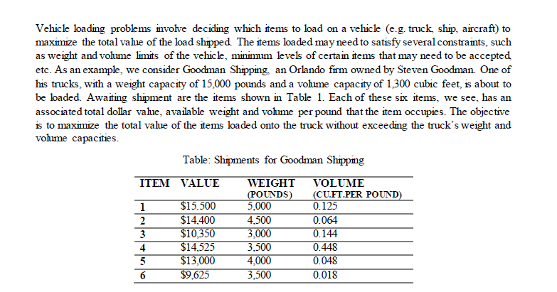 Vehicle loading problems involve deciding which items to load on a vehicle