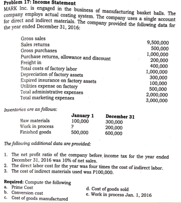 Problem 17: Income Statement MARK Inc. is engaged in the business of
