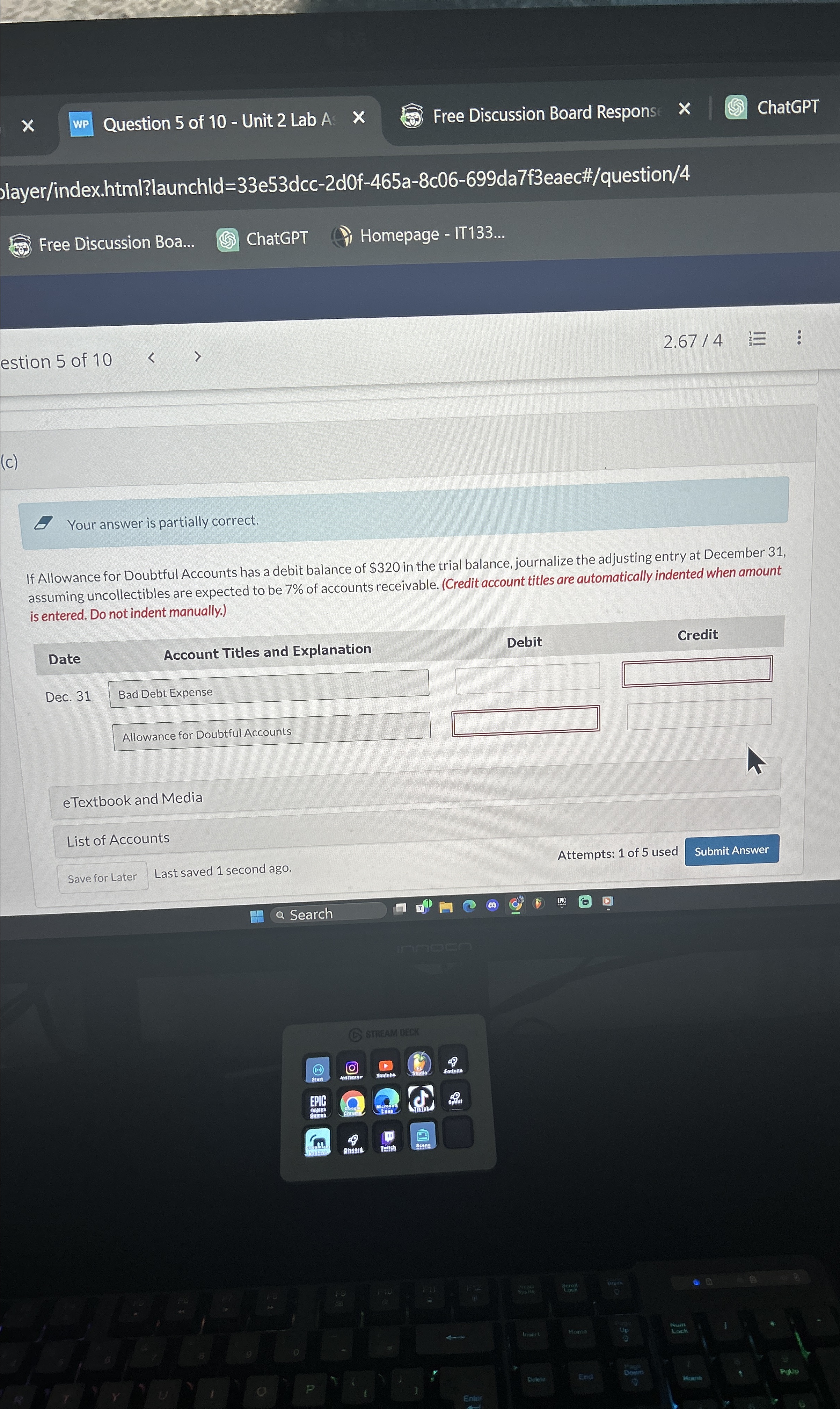 WP Question 5 of 10 - Unit 2 Lab A X Free