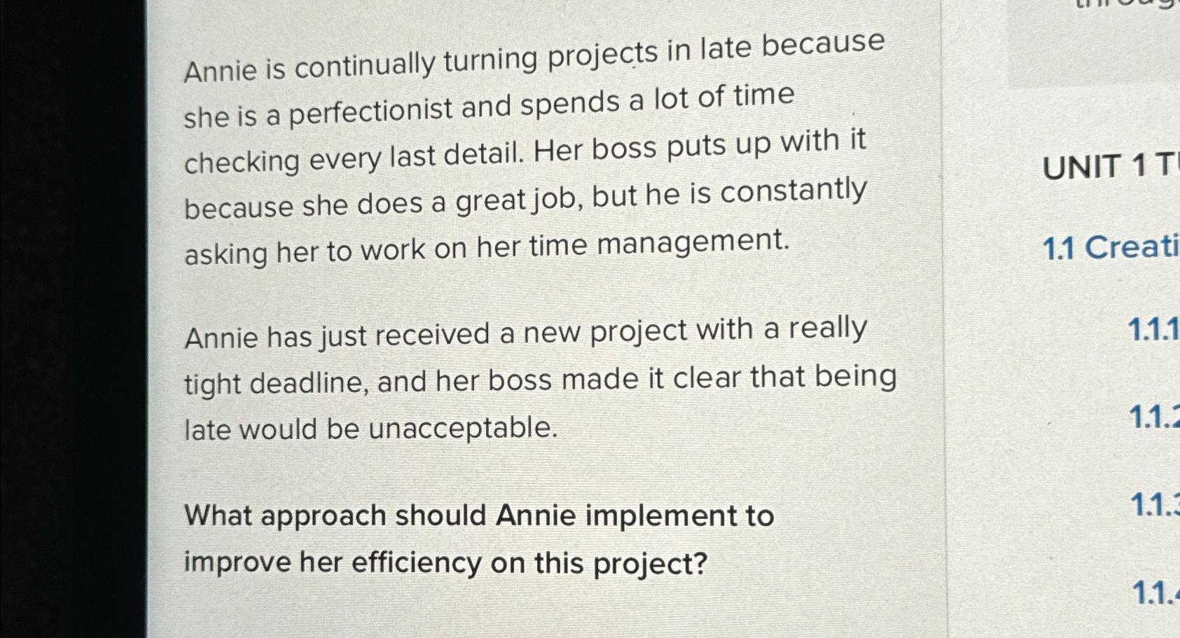 Annie is continually turning projects in late because she is a perfectionist