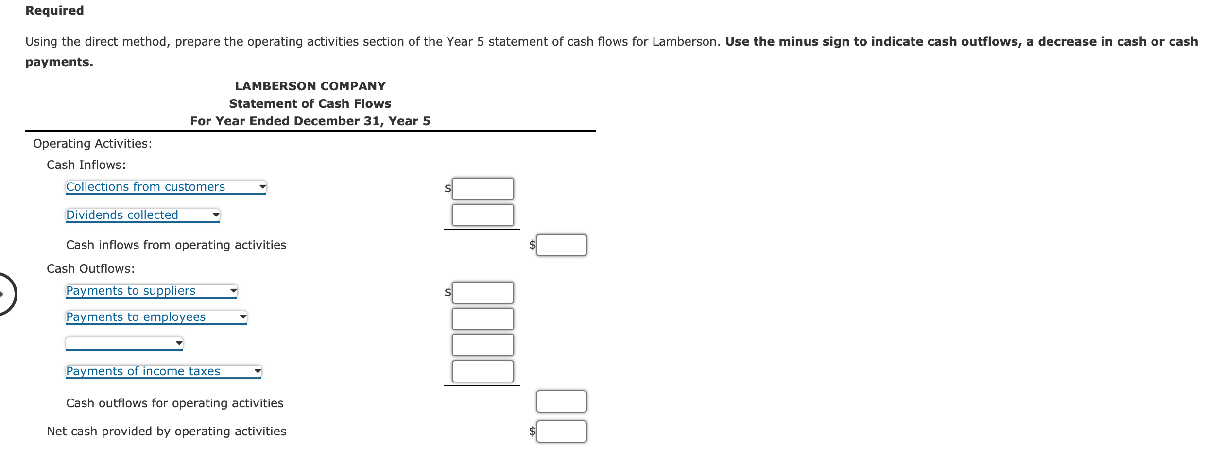 Required Using the direct method, prepare the operating activities section of the