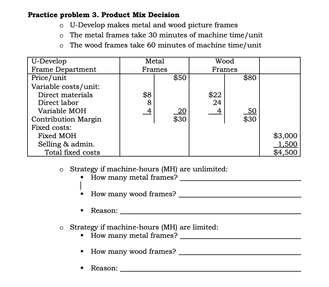 Practice problem 3. Product Mix Decision U-Develop makes metal and wood picture