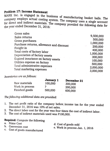 Problem 17: Income Statement MARK Inc. is engaged in the business of