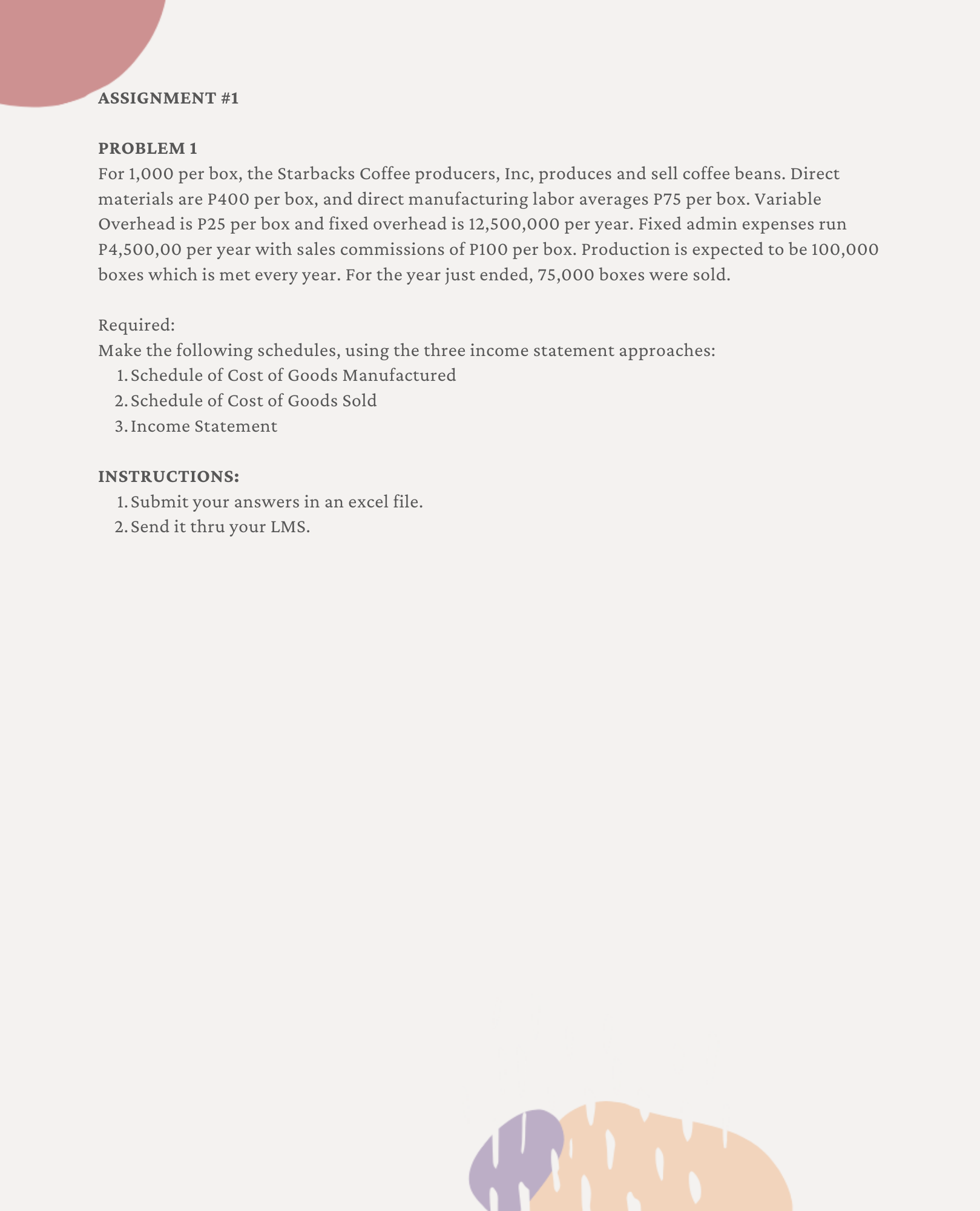 ASSIGNMENT #1 PROBLEM 1 For 1,000 per box, the Starbacks Coffee producers,