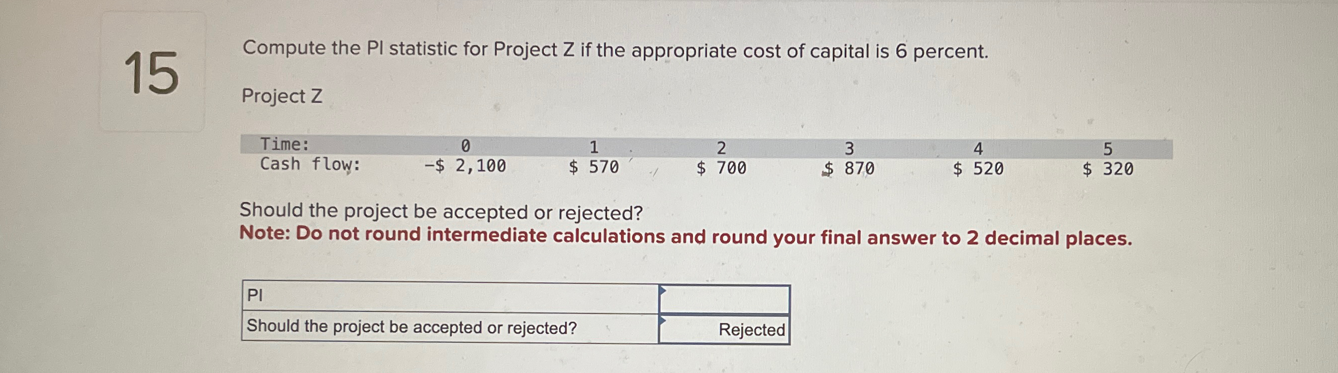 15 Compute the Pl statistic for Project Z if the appropriate cost