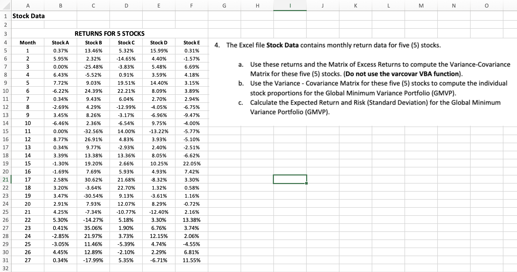 A 1 Stock Data B C D E F G H |