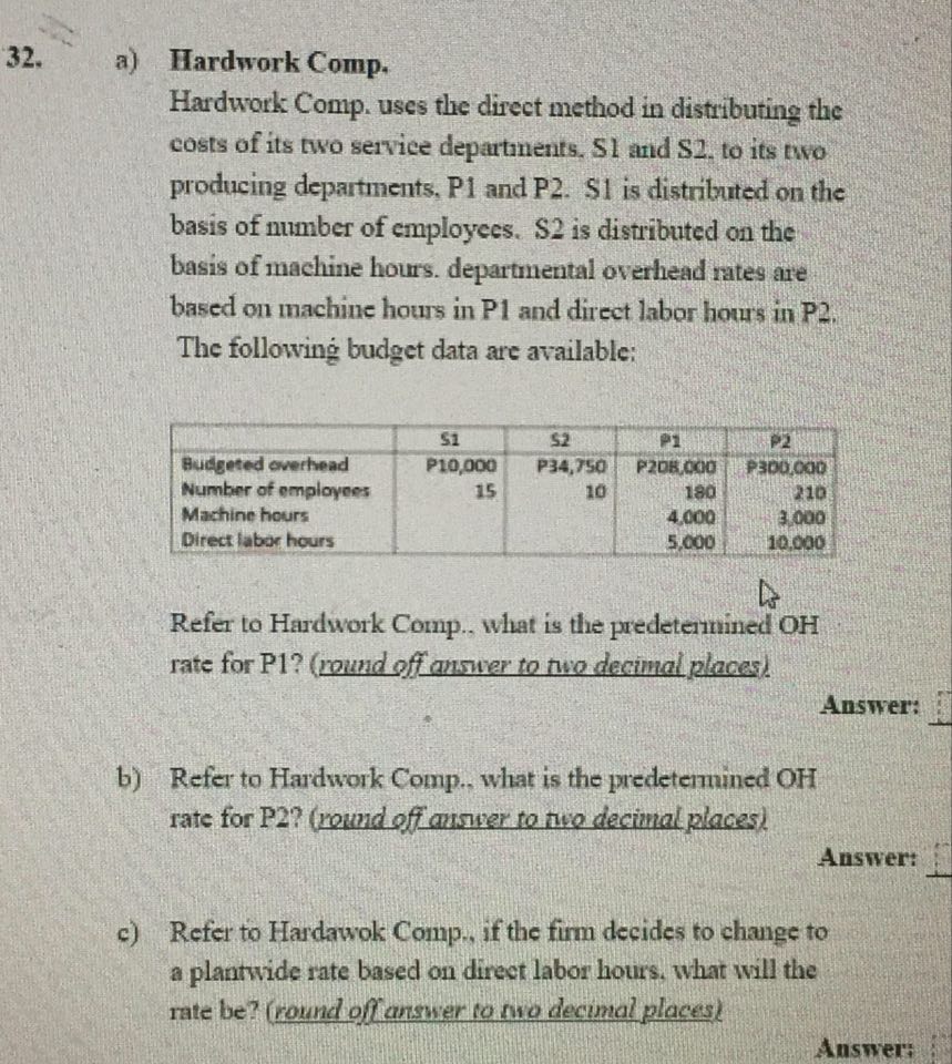 32. a) Hardwork Comp. Hardwork Comp. uses the direct method in distributing