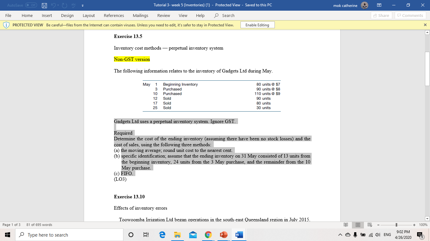 AutoSave Off File Home 5+0 Insert Design Mailings Tutorial 3-week 5 (Inventories)