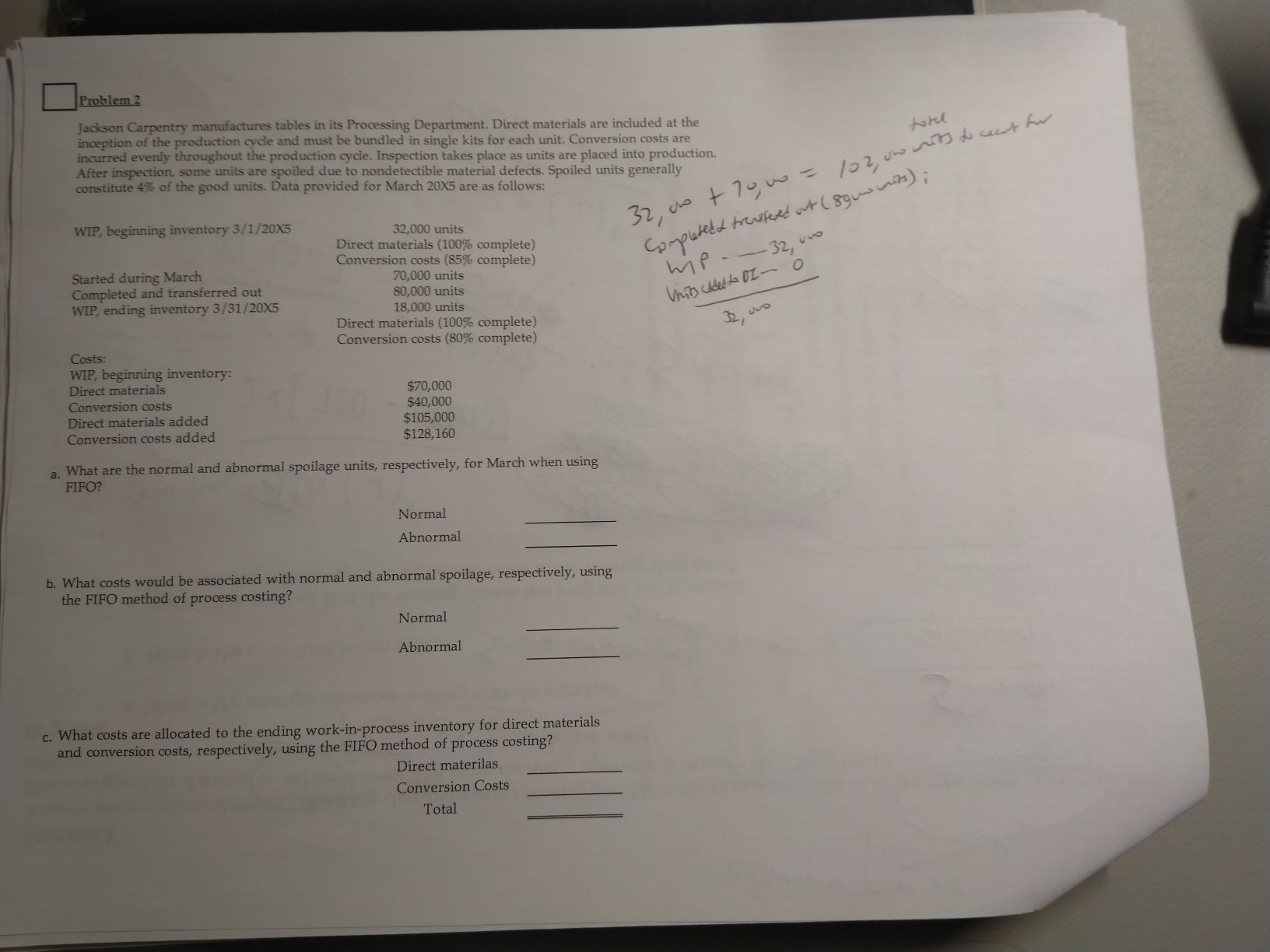 Problem 2 Jackson Carpentry manufactures tables in its Processing Department. Direct materials