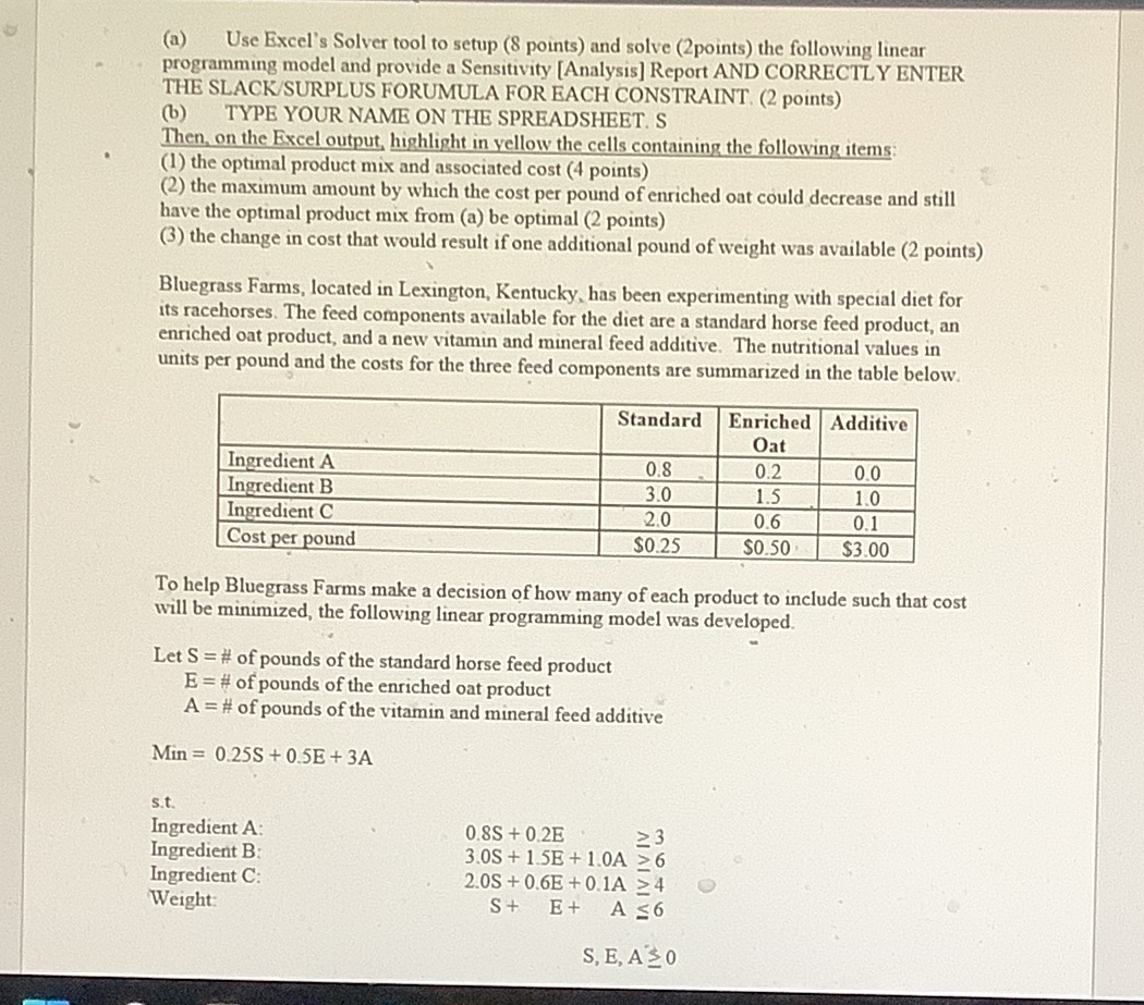 (a) Use Excel's Solver tool to setup (8 points) and solve (2points)