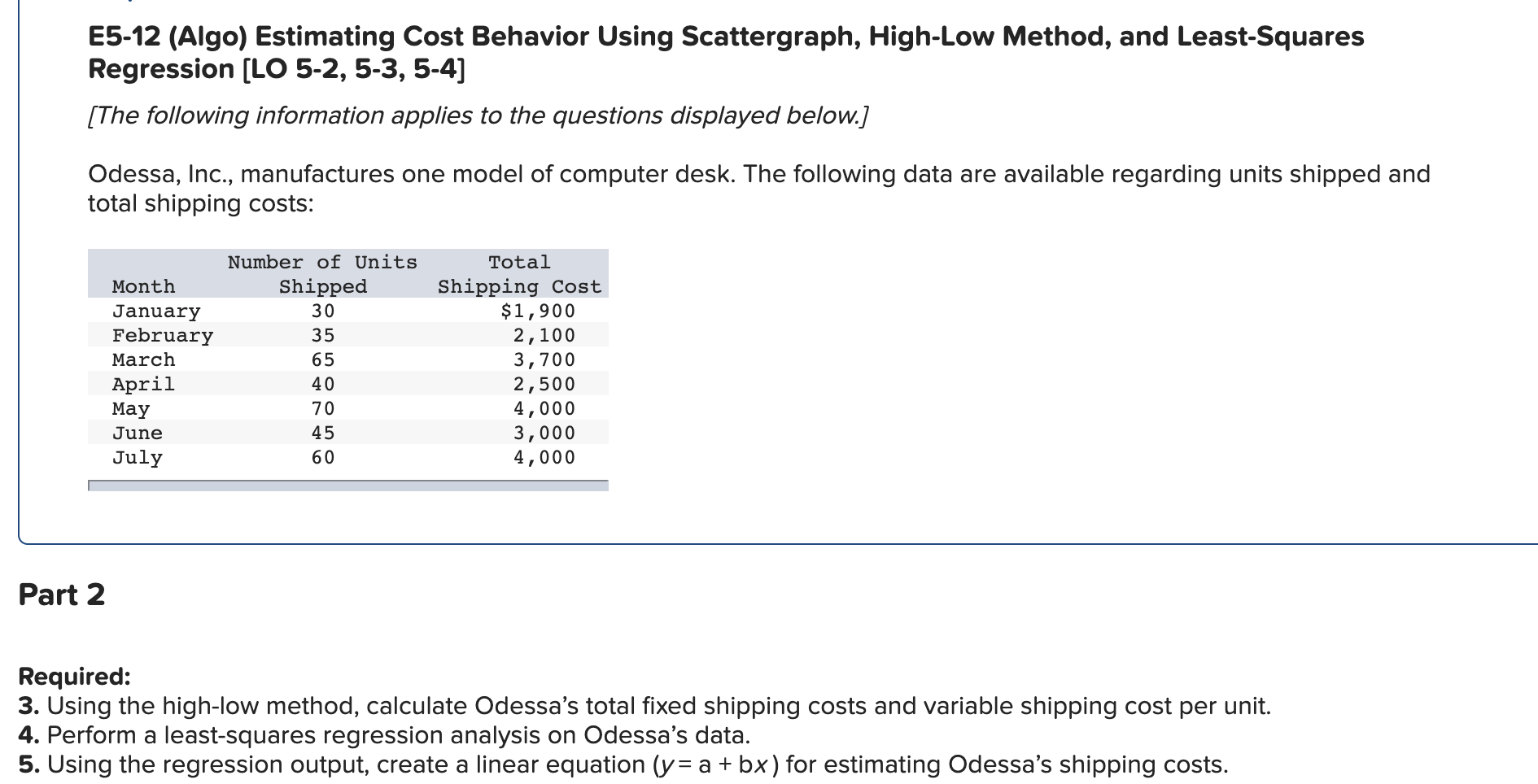 E5-12 (Algo) Estimating Cost Behavior Using Scattergraph, High-Low Method, and Least-Squares Regression