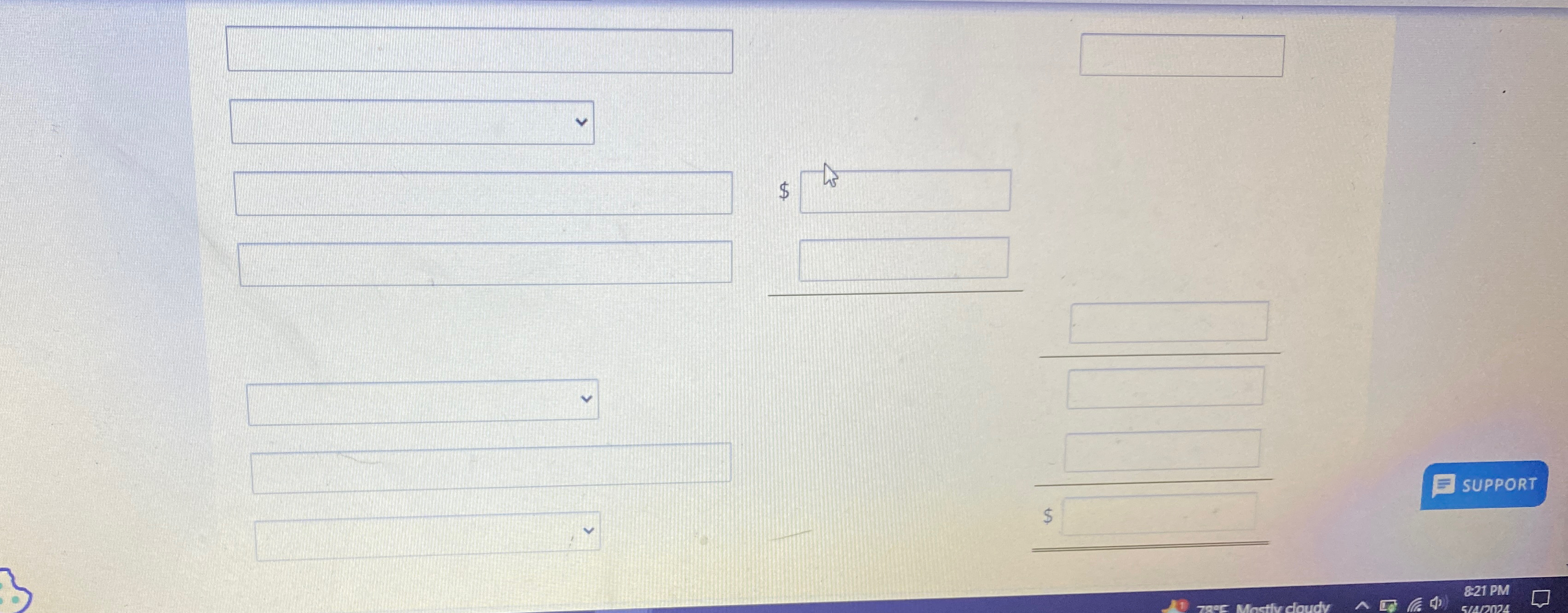 V $ $ SUPPORT 78F Mostly cloudy 8:21 PM 5/4/2024