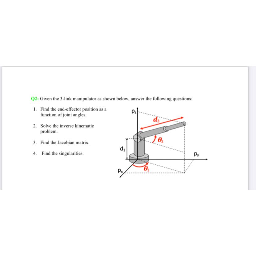 Q2: Given the 3-link manipulator as shown below, answer the following questions: