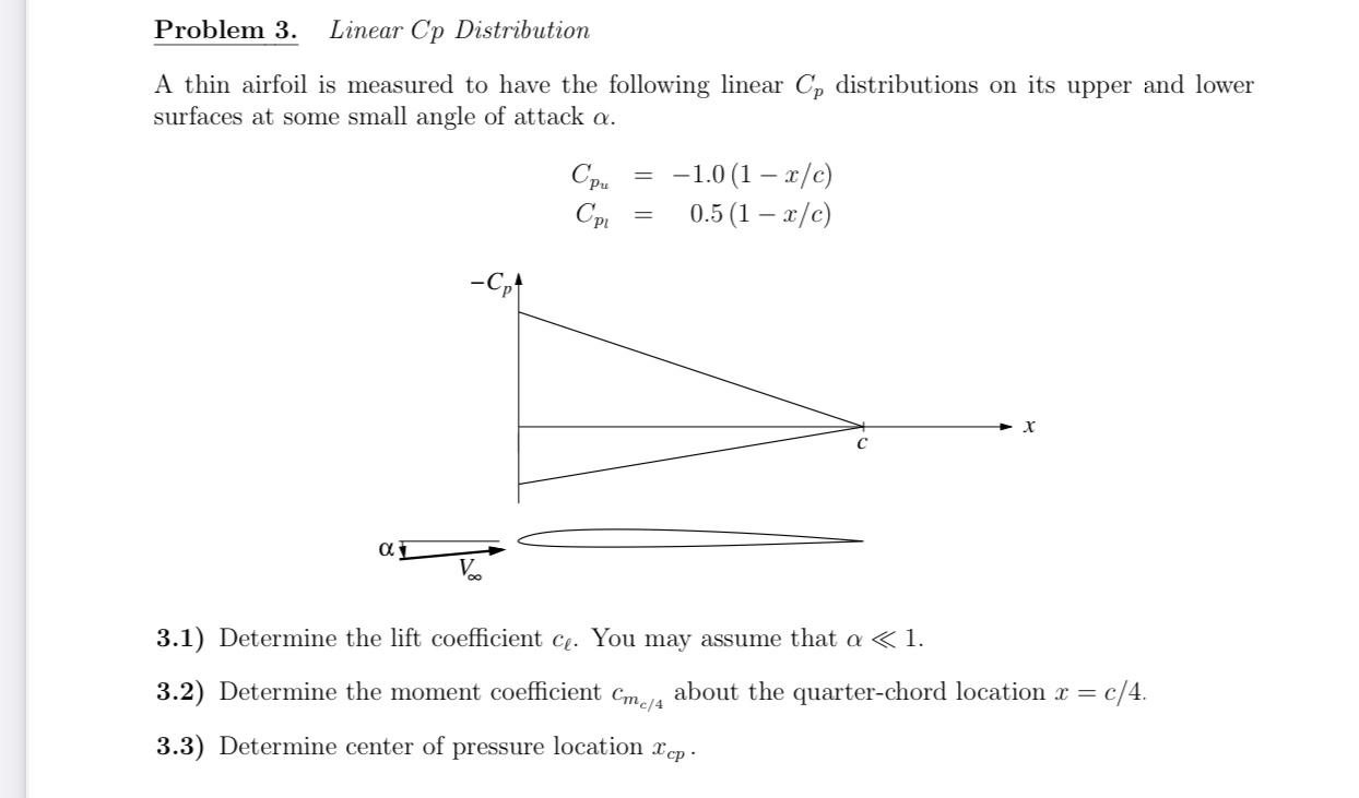 Problem 3. Linear Cp Distribution A thin airfoil is measured to have