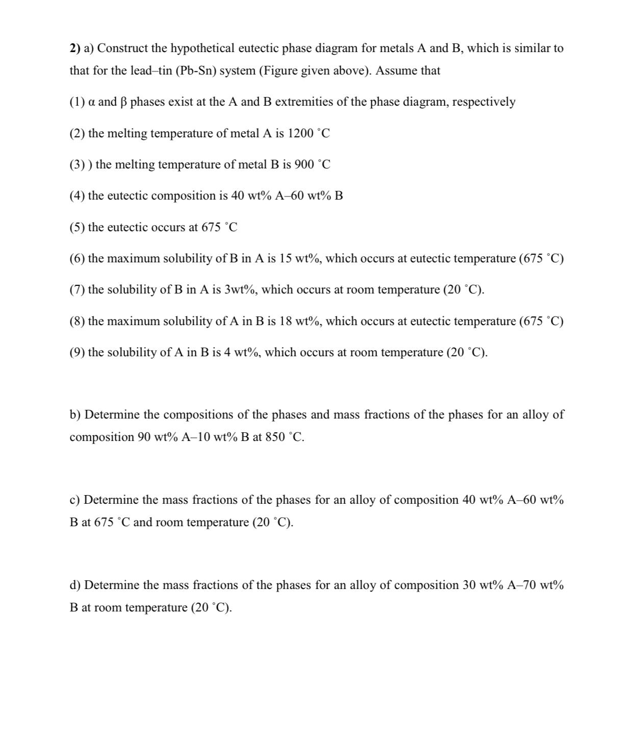 2) a) Construct the hypothetical eutectic phase diagram for metals A and