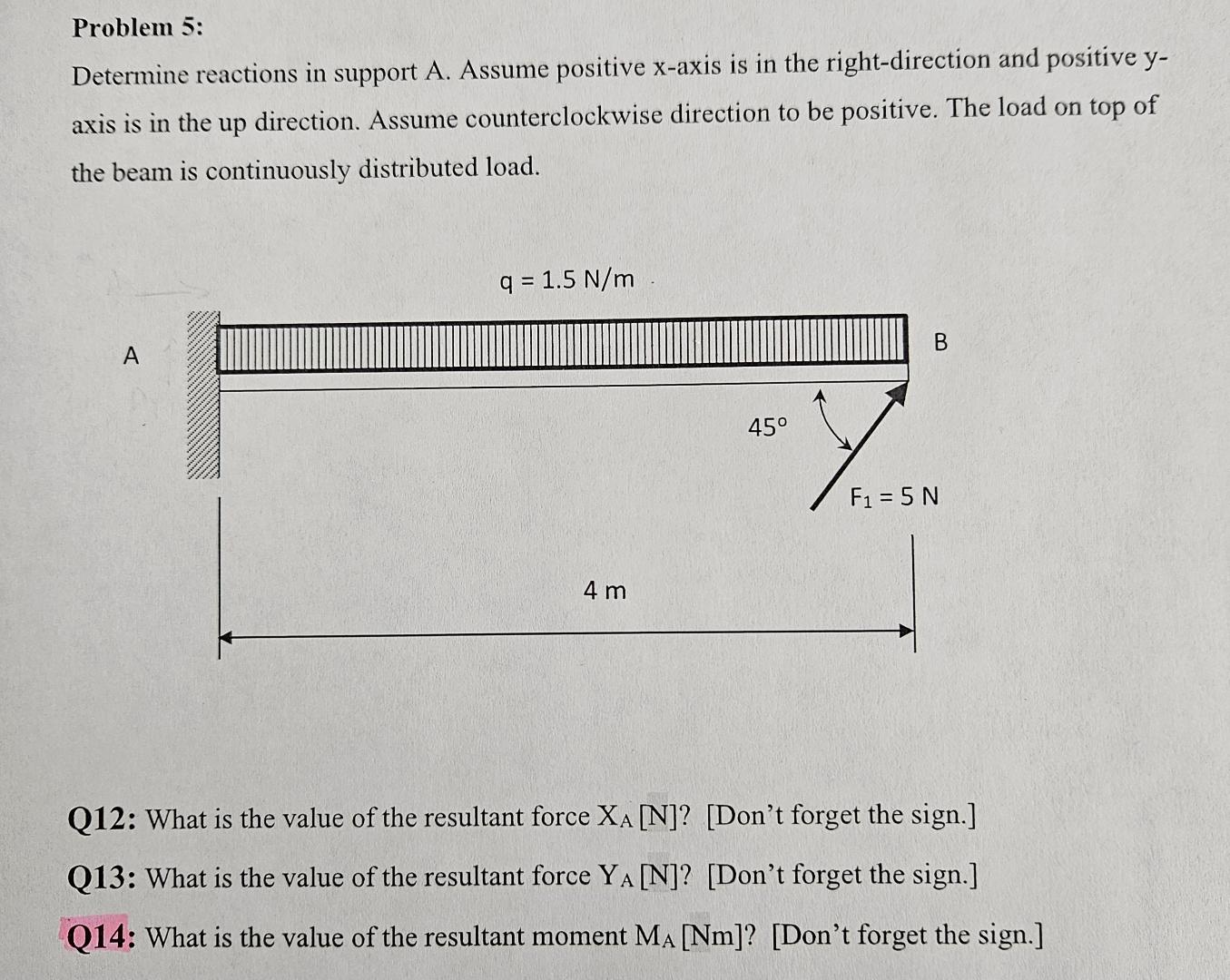 Problem 5: Determine reactions in support A. Assume positive x-axis is in