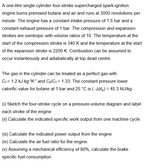 A one-litre single-cylinder four-stroke supercharged spark-ignition engine burns premixed butane and air