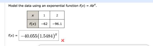 Model the data using an exponential function f(x) = Abx. x 1