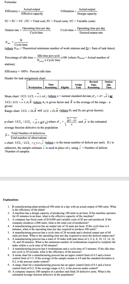 Formulae: Actual output Efficiency= Effective capacity Utilization = Actual output Design capacity