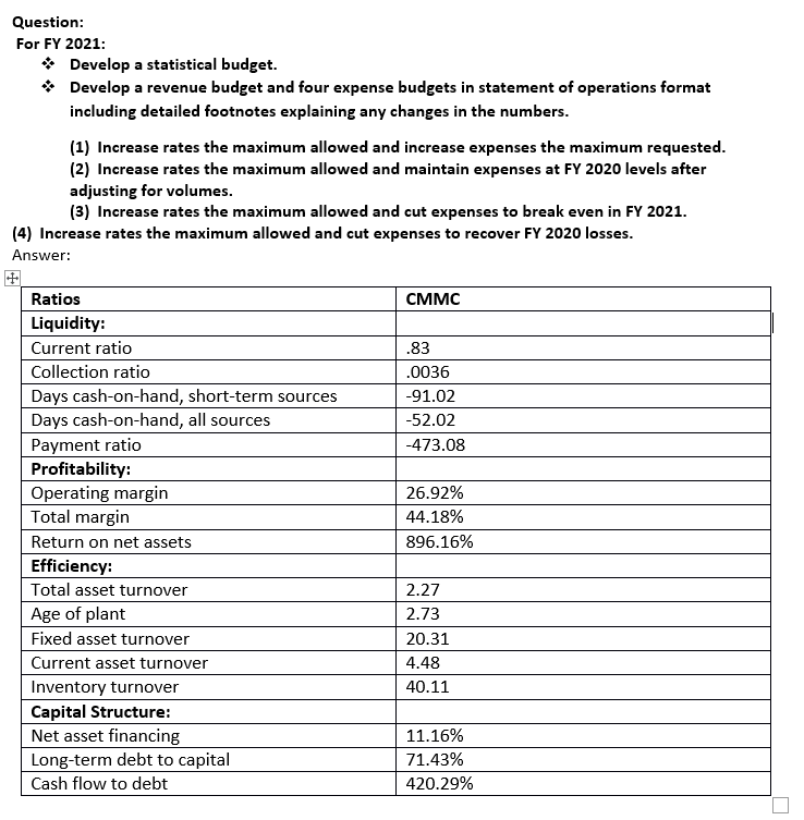 Question: For FY 2021: * Develop a statistical budget. Develop a revenue