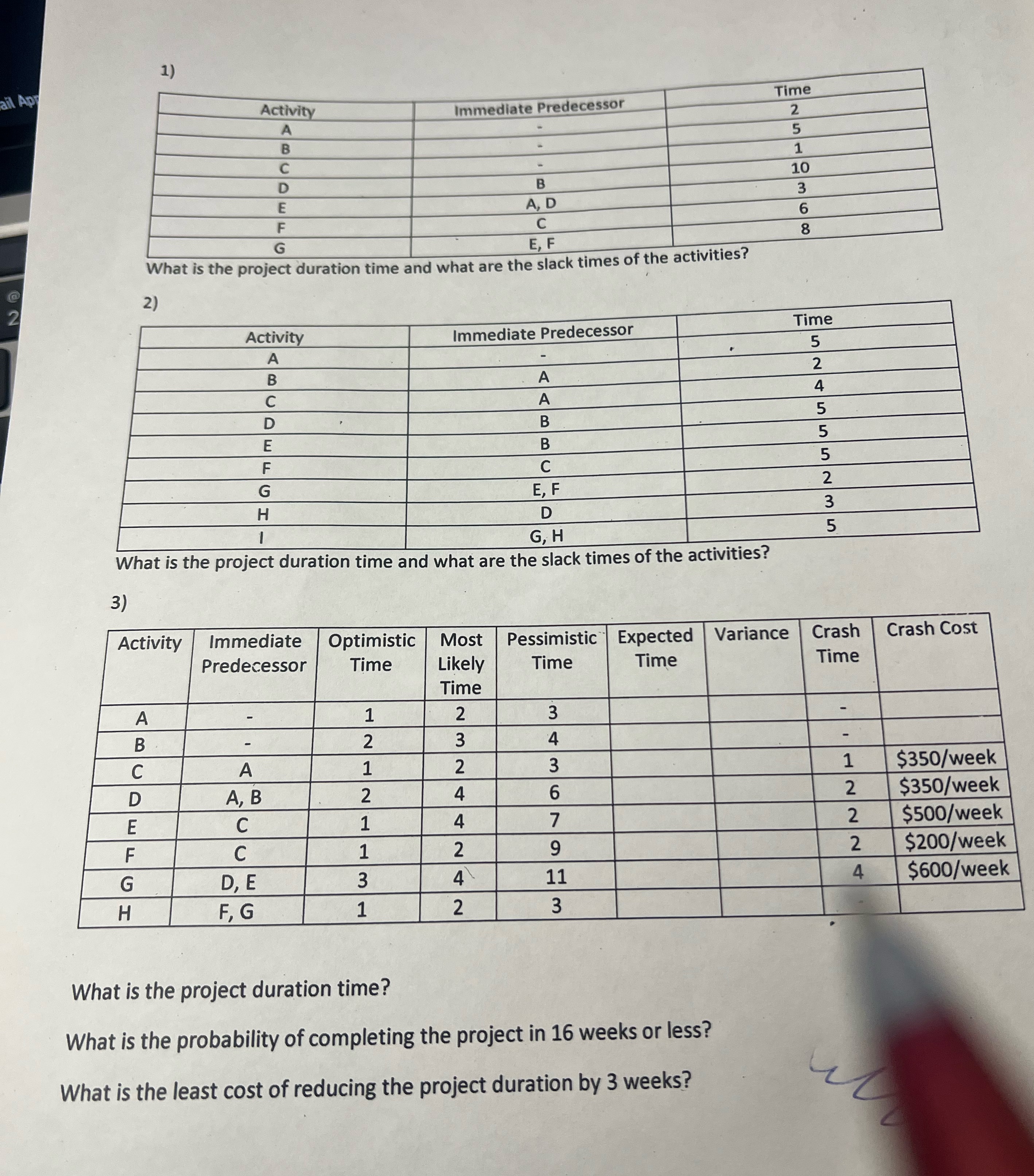 1) Fail Ap Time Activity A Immediate Predecessor 2 5 B 1