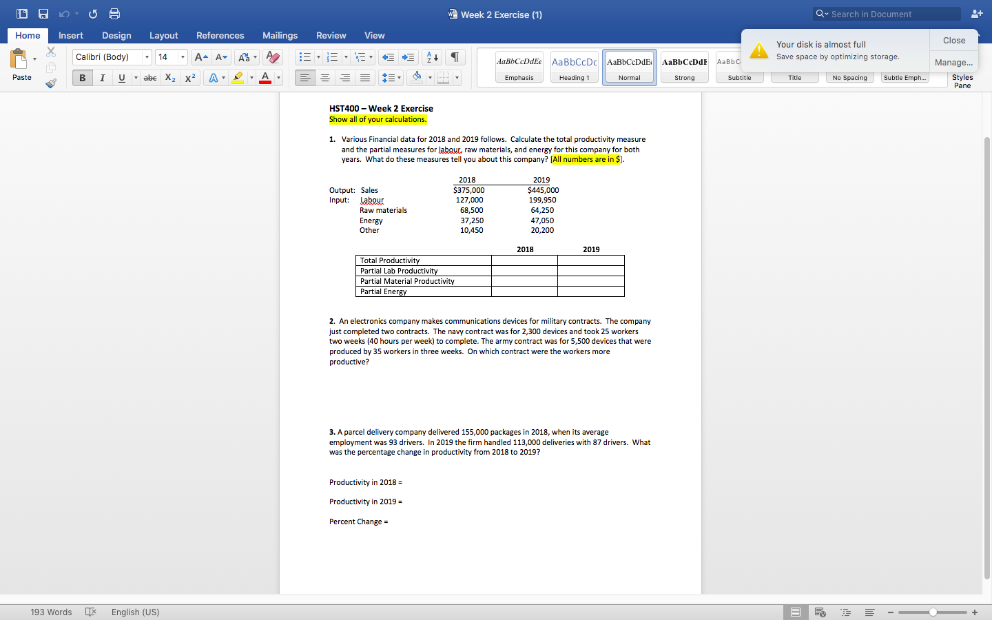 Week 2 Exercise (1) Home Insert Design Layout References Mailings Review View