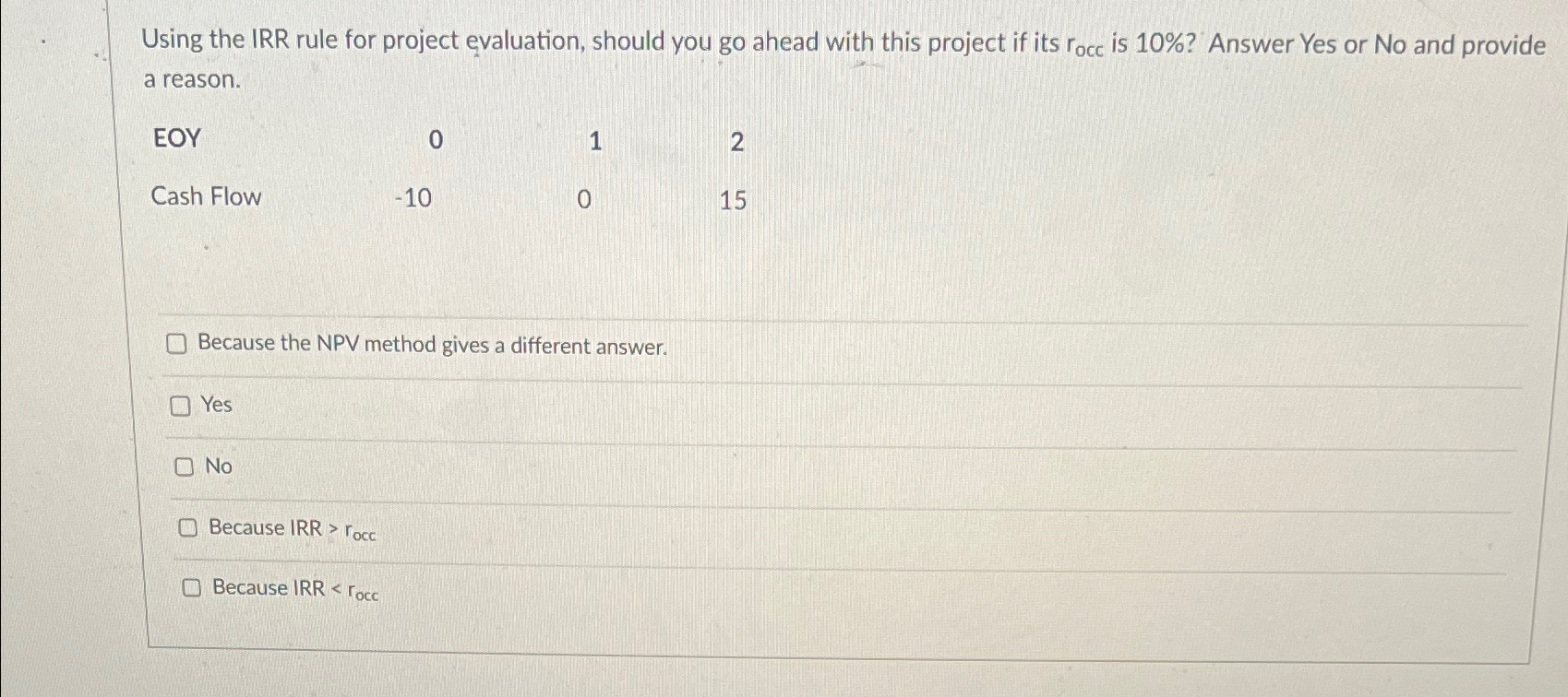 Using the IRR rule for project evaluation, should you go ahead with