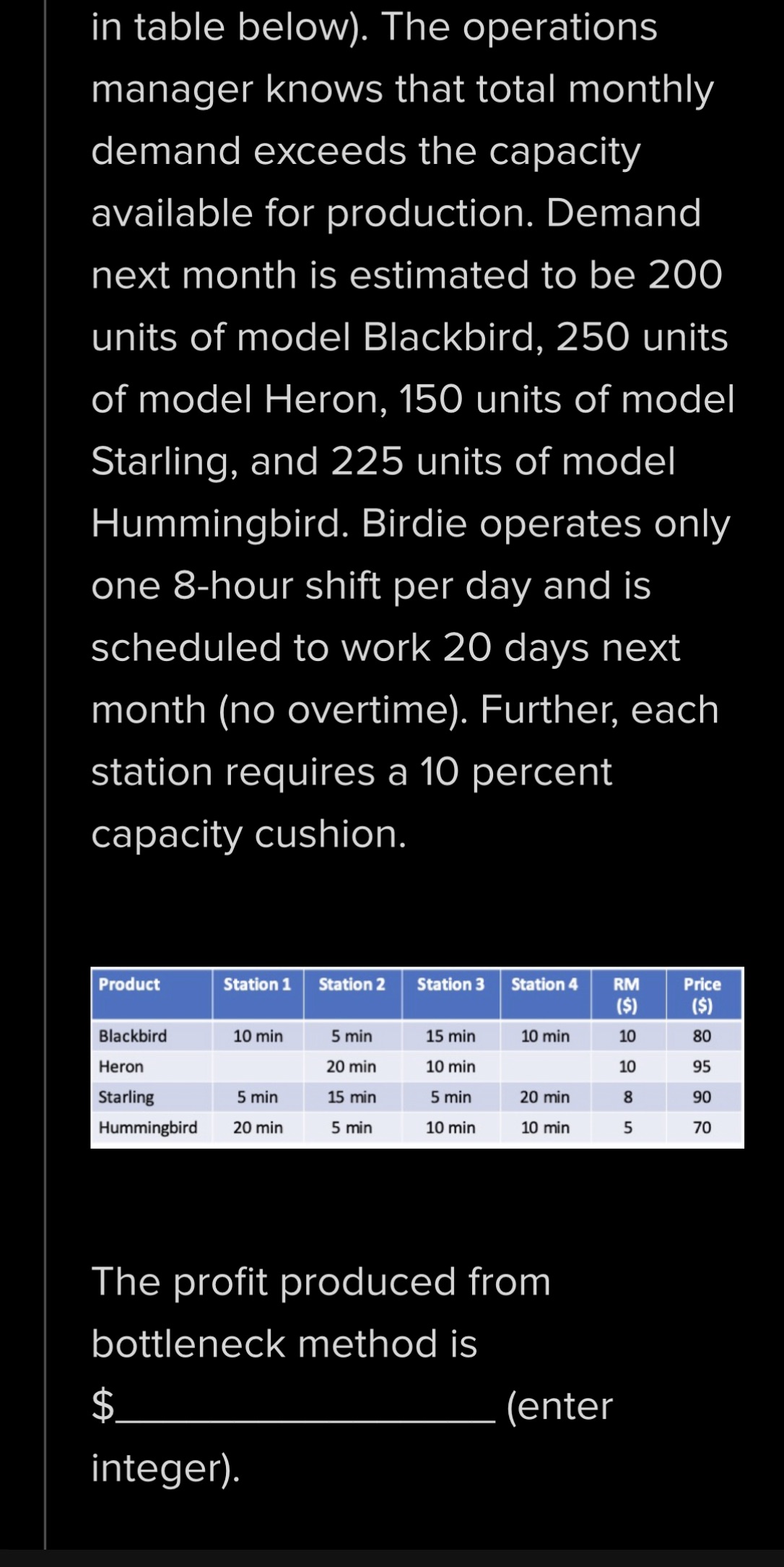 in table below). The operations manager knows that total monthly demand exceeds