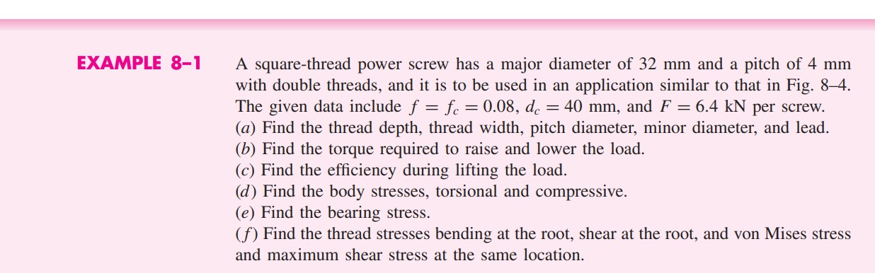 EXAMPLE 8-1 A square-thread power screw has a major diameter of 32