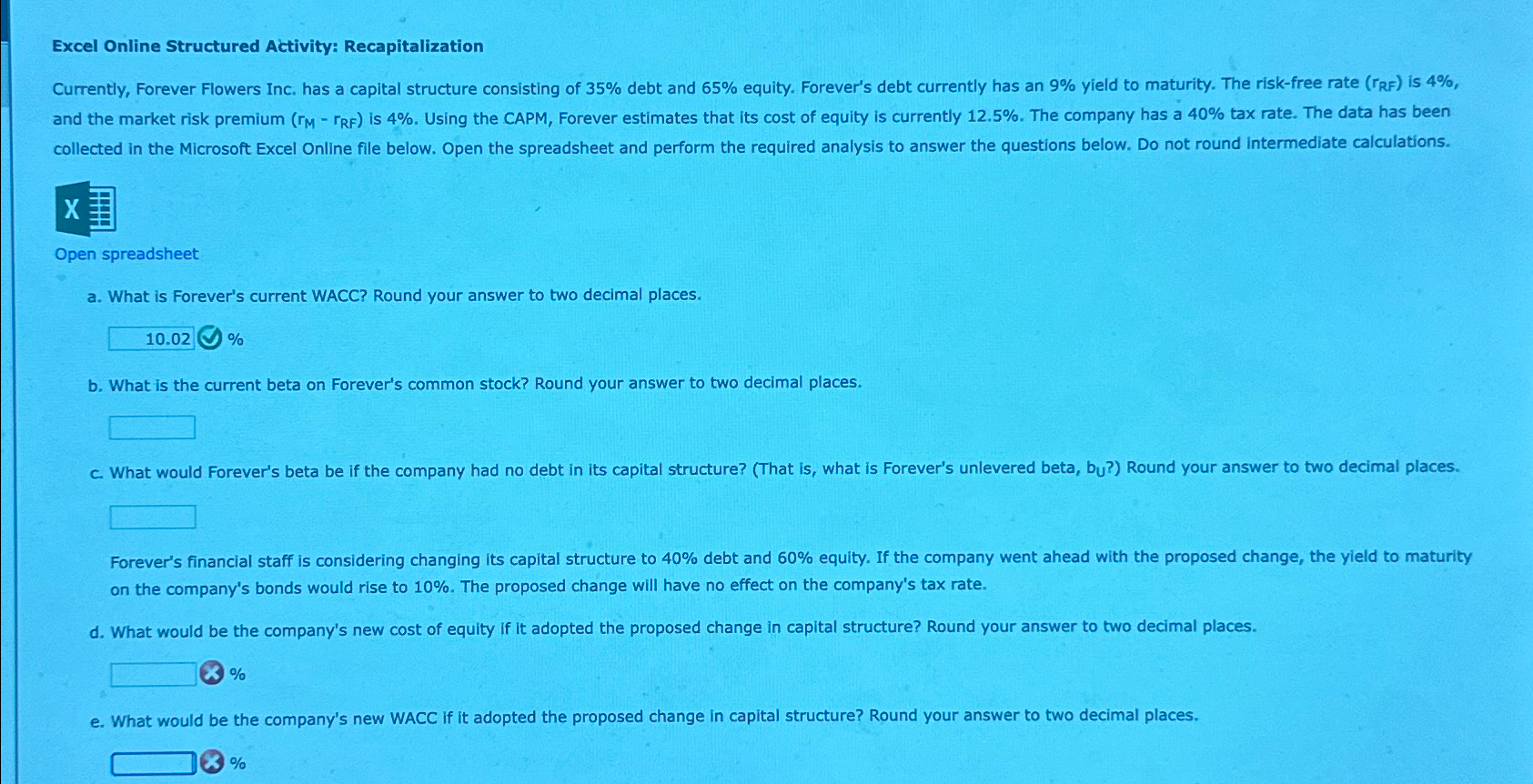 Excel Online Structured Activity: Recapitalization Currently, Forever Flowers Inc. has a capital