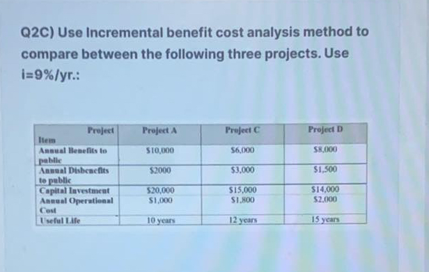 Q2C) Use Incremental benefit cost analysis method to compare between the following