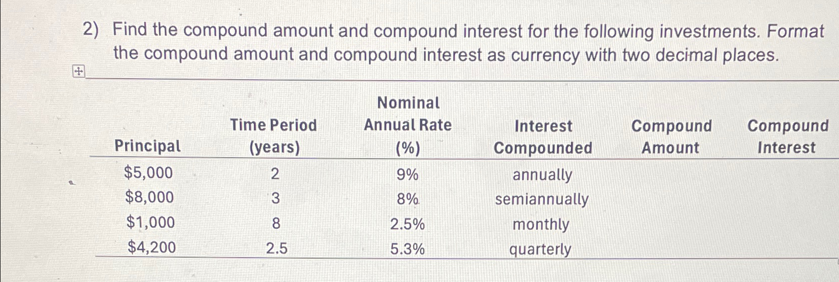 2) Find the compound amount and compound interest for the following investments.