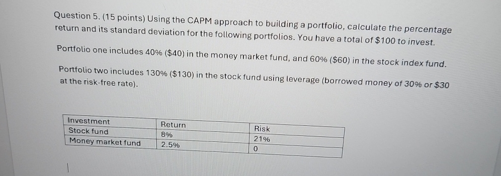 Question 5. (15 points) Using the CAPM approach to building a portfolio,